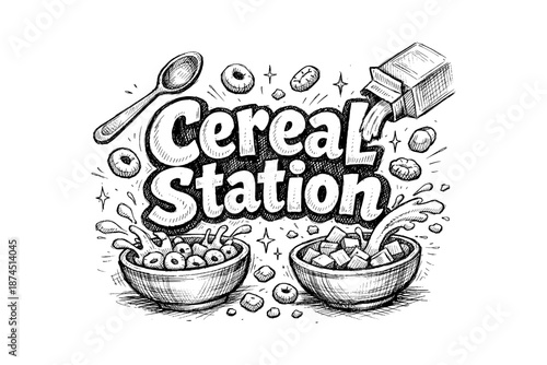 Cereal station hand drawn design with spoon and splashing milk