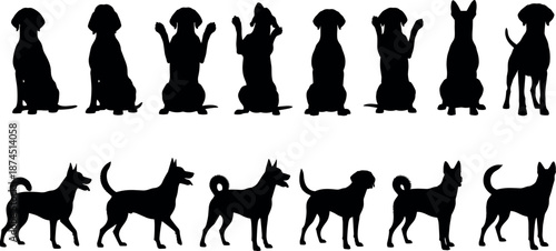 Black Dog Silhouettes Set Vector Illustration Including Labradors Huskies and German Shepherds in Sitting Standing and Begging Poses for Graphic Design