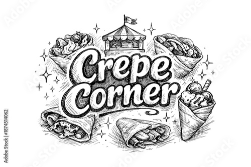Vintage crepe sketch with variety of delicious crepe fillings and text