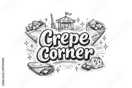 Crepe corner hand drawn design with french icon and desserts