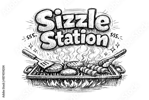 Grill art: juicy bbq sketch with burgers and skewers on fire