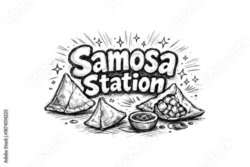 Vintage hand drawn samosa station logo with spicy snacks and dipping sauce