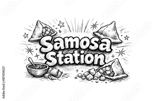 Hand drawn samosa station: sketched indian snack with spices and stars