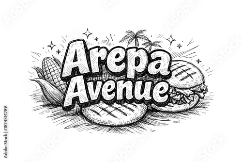 Hand-drawn arepa avenue design with corn and palm tree elements