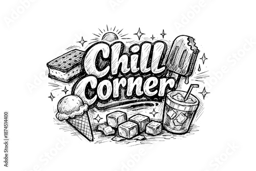 Retro chill corner with ice cream, soda, and popsicle in hand drawn style