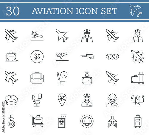 Aviation and airport line icon set. Symbols for planes, pilots, luggage, and flight travel. Perfect for airlines, tourism apps, and transportation design projects.