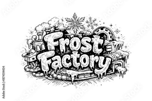 Intricate winter factory with icy elements and frosty design