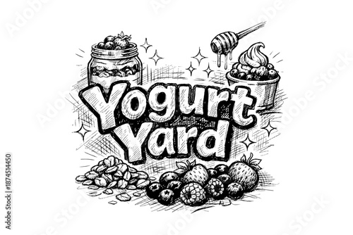 Hand drawn yogurt yard logo with fruits and honey in sketch style