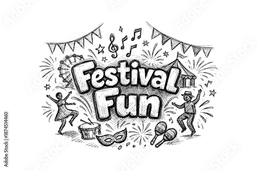 Festive celebration: hand-drawn doodle with music, dance, and fun elements