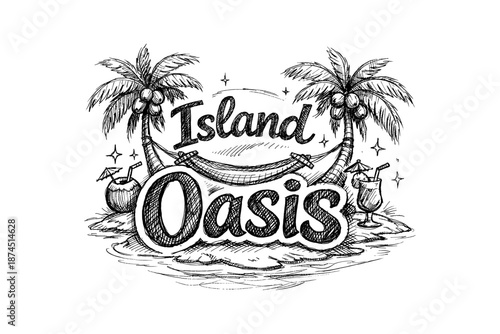 Tropical island oasis with palm trees and hammock in hand drawn style