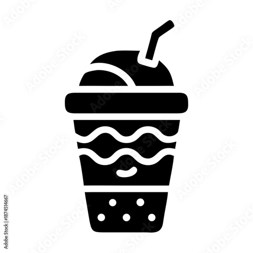 Frappuccino icon, iced coffee drink with whipped cream and straw, minimalist black and white graphic design