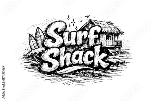 Vintage beach hut with surfboards and waves hand drawn art