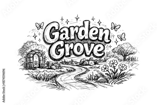 Sketchy garden grove with nature, pathway, and butterflies