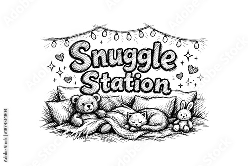 Cozy snuggle scene with teddy bear, cat, and rabbit in sketch style