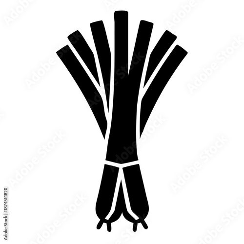 Black and white silhouette of fresh leek bundle, simple graphic, vector illustration, healthy food concept