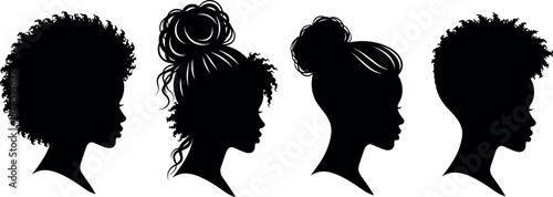 Black Woman Silhouette Set with Natural Afro Hair Styles Including Messy Bun Curly Tapered Cut and Kinky Coils Vector Illustration