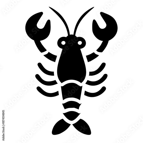 Black Silhouette Lobster Icon, Seafood Ingredient Graphic, Minimalist Crustacean Symbol on White Background