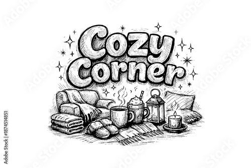 Cozy corner sketch: warm beverages, candles, and comforting textures in monochrome art