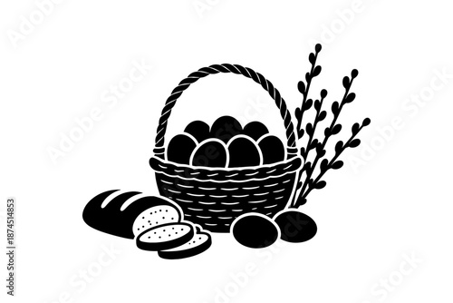 Easter basket with eggs and bread in black silhouette design