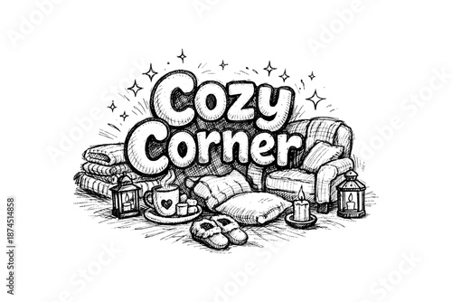 Cozy corner sketch with sofa, pillows, and lanterns in hand drawn style