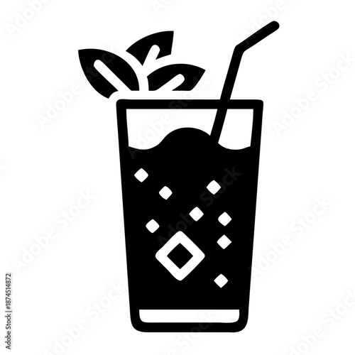 Refreshing Mint Julep Cocktail with Ice and Mint Leaves, Simple Black and White Icon