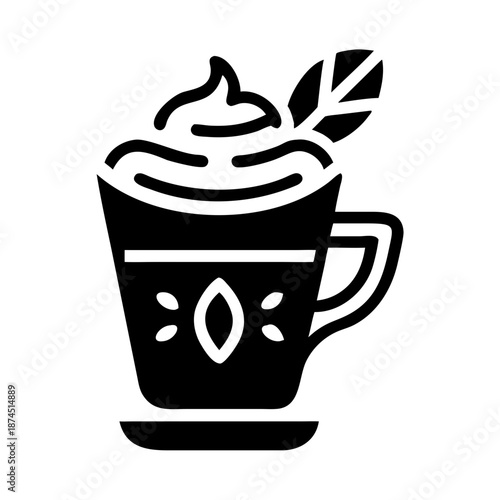 Matcha Latte with Whipped Cream and Mint Leaf in Decorative Mug, Vector Icon