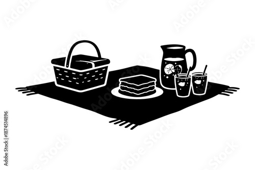 Summer picnic silhouette with basket and refreshments on blanket