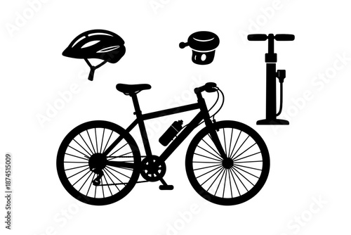 Bicycle essentials silhouette: helmet, pump, bell, and bike gear