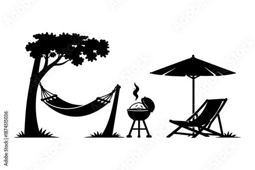 Silhouette summer relaxation scene with hammock, barbecue, and lounge chair