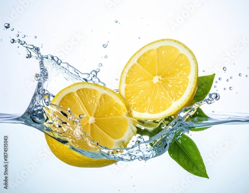 Fresh Lemon Slices Splashing in Clear Water with Green Leaves