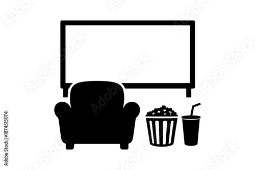 Silhouette home cinema setup with popcorn and drink