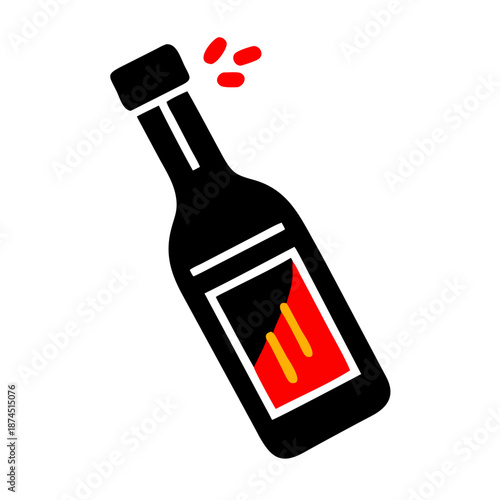 Black Bottle of Red Wine with Abstract Label, Isolated on White, Clean Simple Icon