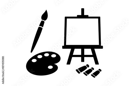 Artistic tools set with easel, paintbrush, palette, and paint tubes in silhouette style