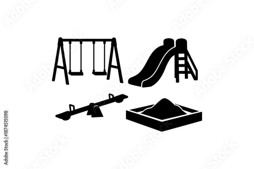 Playground equipment icons set featuring swings, slide, seesaw, and sandbox in silhouette style