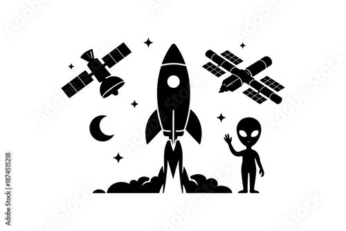 Galactic adventure silhouette with rocket and alien in space