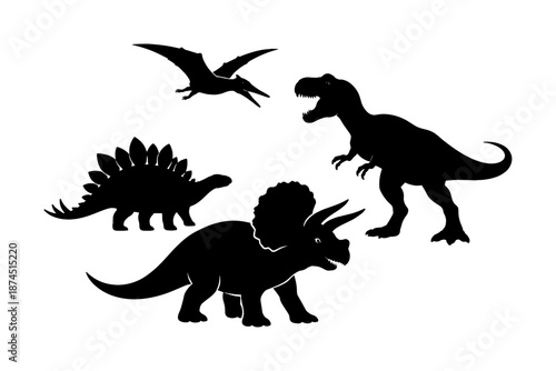 Silhouette collection of iconic dinosaurs on white background