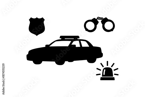 Police silhouette set with car, handcuffs, badge, and siren