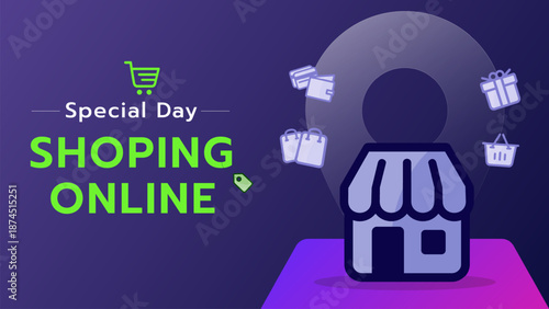 Online Shopping Concept Illustration Set with Woman, Store and Ecommerce Icons