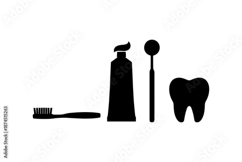 Silhouette dental icons: toothbrush, toothpaste, dental chair, tooth models
