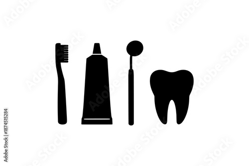 Silhouette dental care icons: toothbrush, toothpaste, dental probe, tooth