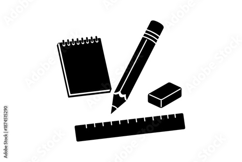 Monochrome stationery set with notebook, pencil, ruler, and eraser