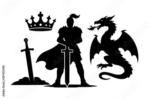 Epic medieval silhouette: dragon, knight, sword, and crown in battle stance