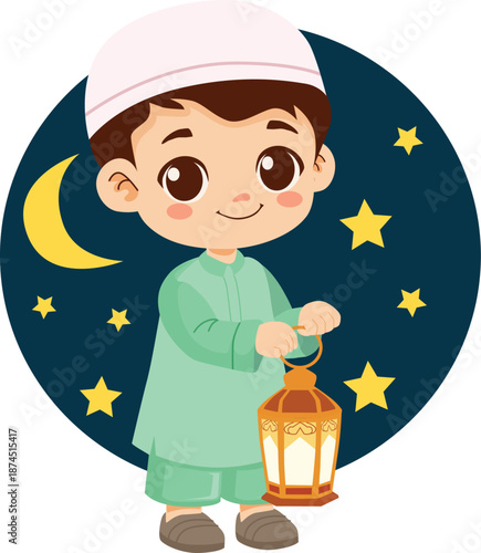 boy cartoon bring lantern ramadan islamic theme