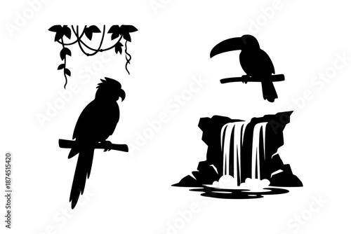 Tropical bird silhouettes with waterfall and lush leaves design