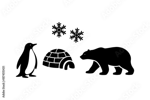 Silhouette of polar bear, penguin, igloo, and snowflakes in arctic scene