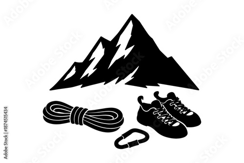 Silhouette mountain climbing gear with rope, shoes, and carabiner icon