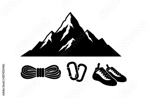 Silhouette of mountain with climbing gear: rope, carabiners, shoes