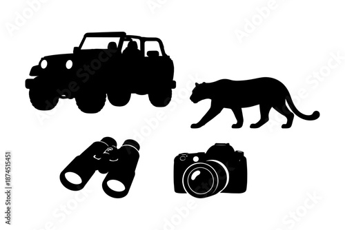 Silhouette safari adventure: jeep, panther, binoculars, camera - wildlife exploration icons