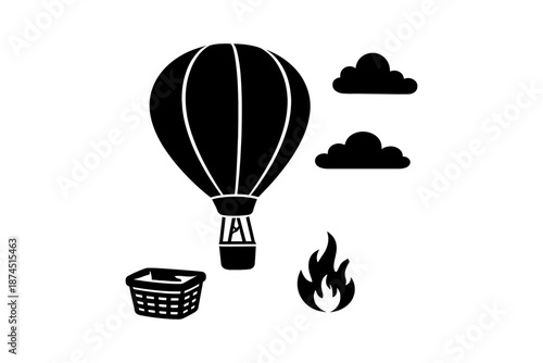 Silhouette of hot air balloon with clouds and fire elements