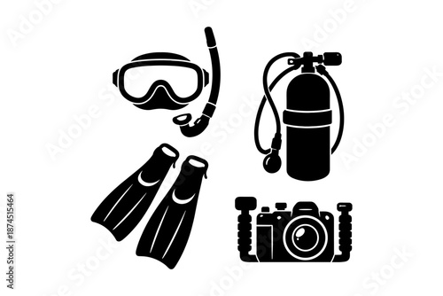 Silhouette scuba diving gear collection with snorkel masks and fins